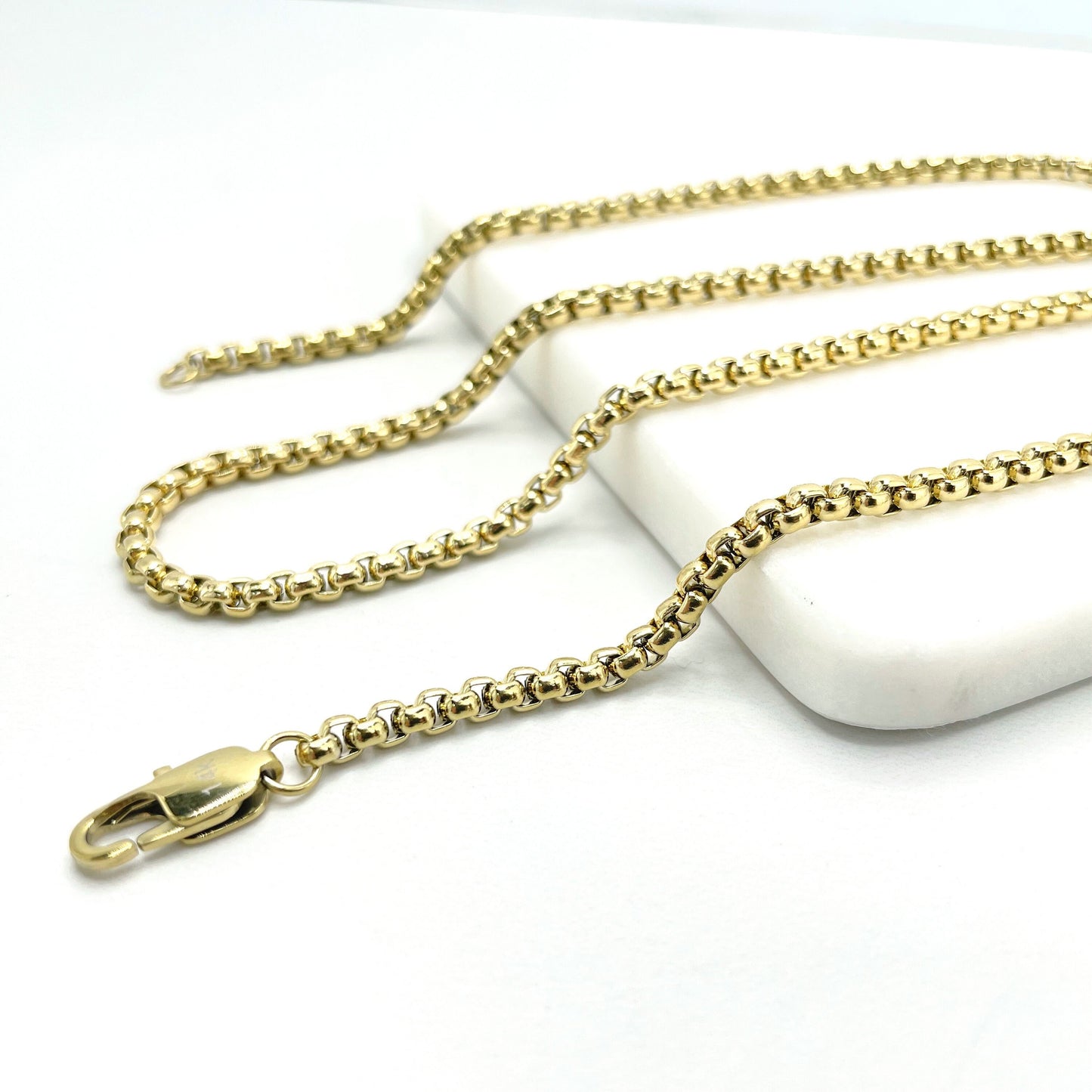 14k Gold Plated On Stainless Steel 3mm Box Chain Link Necklace 24" Long, Unisex Chain, Wholesale Jewelry Making Supplies