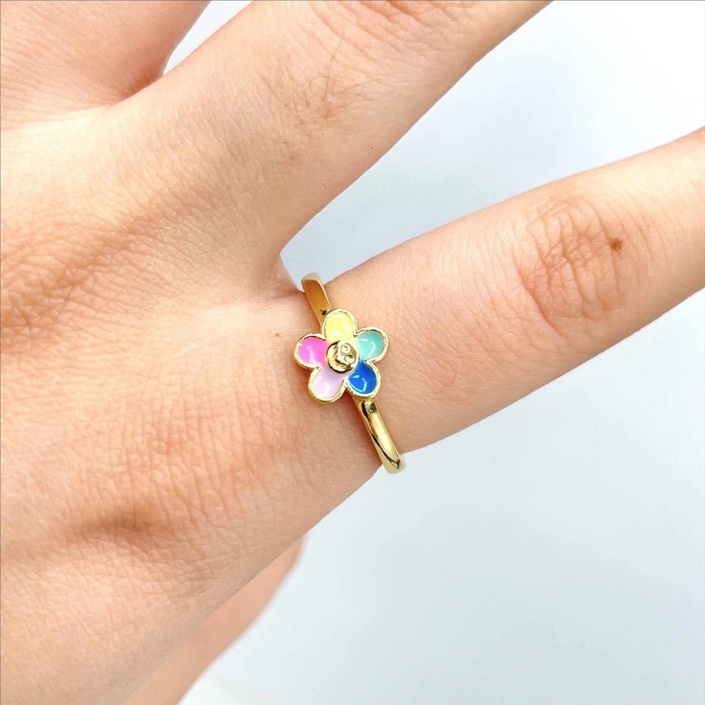 18k Gold Filled Colored Enamel Smile Happy Funny Face Flower, Yellow, Green, Blue, Pink & Purple Adjustable Ring, Wholesale Jewelry Supplies