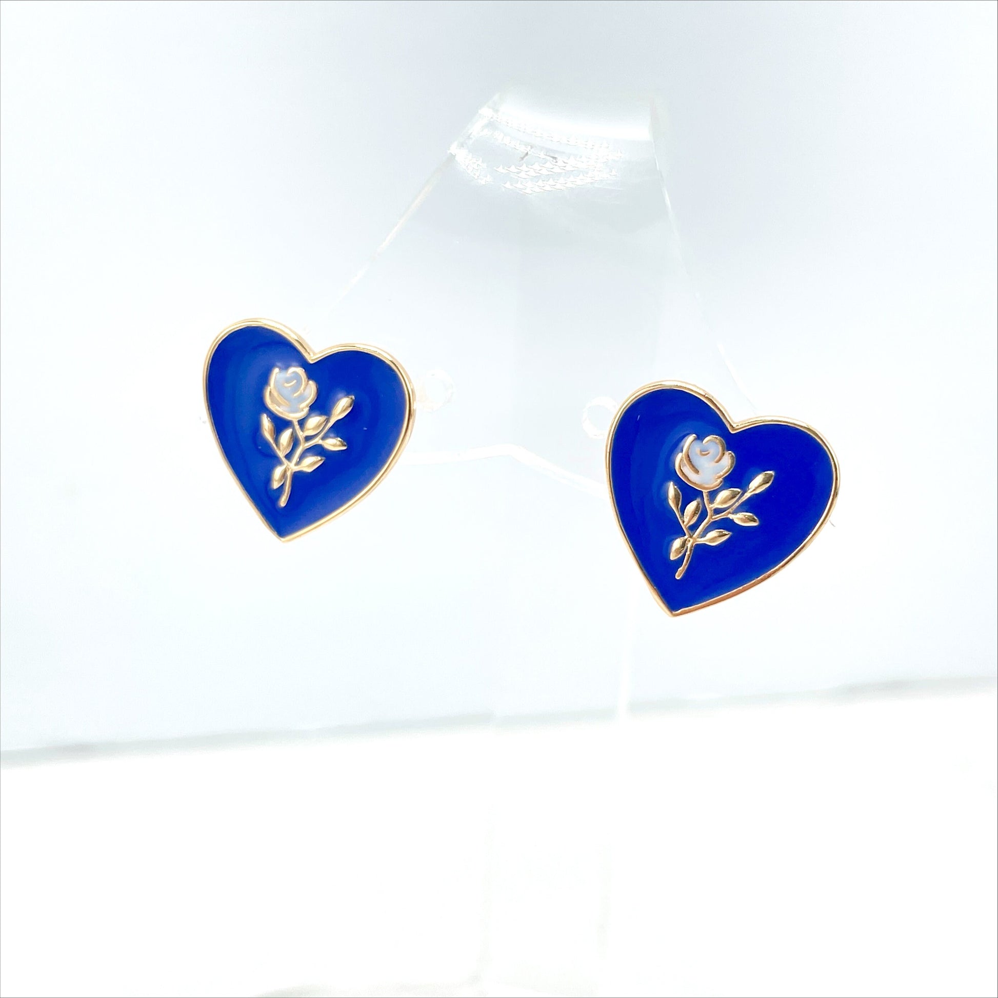 18k Gold Filled Colored Enamel with Rose Inside in Heart Shape Earrings, White, Blue, Green, Red or Black Option, Wholesale Jewelry Supplies