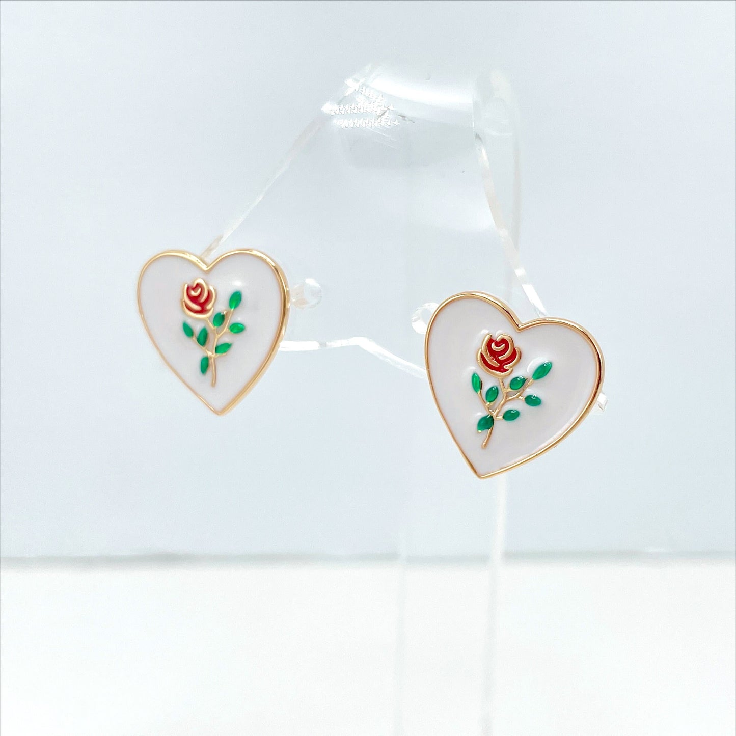 18k Gold Filled Colored Enamel with Rose Inside in Heart Shape Earrings, White, Blue, Green, Red or Black Option, Wholesale Jewelry Supplies