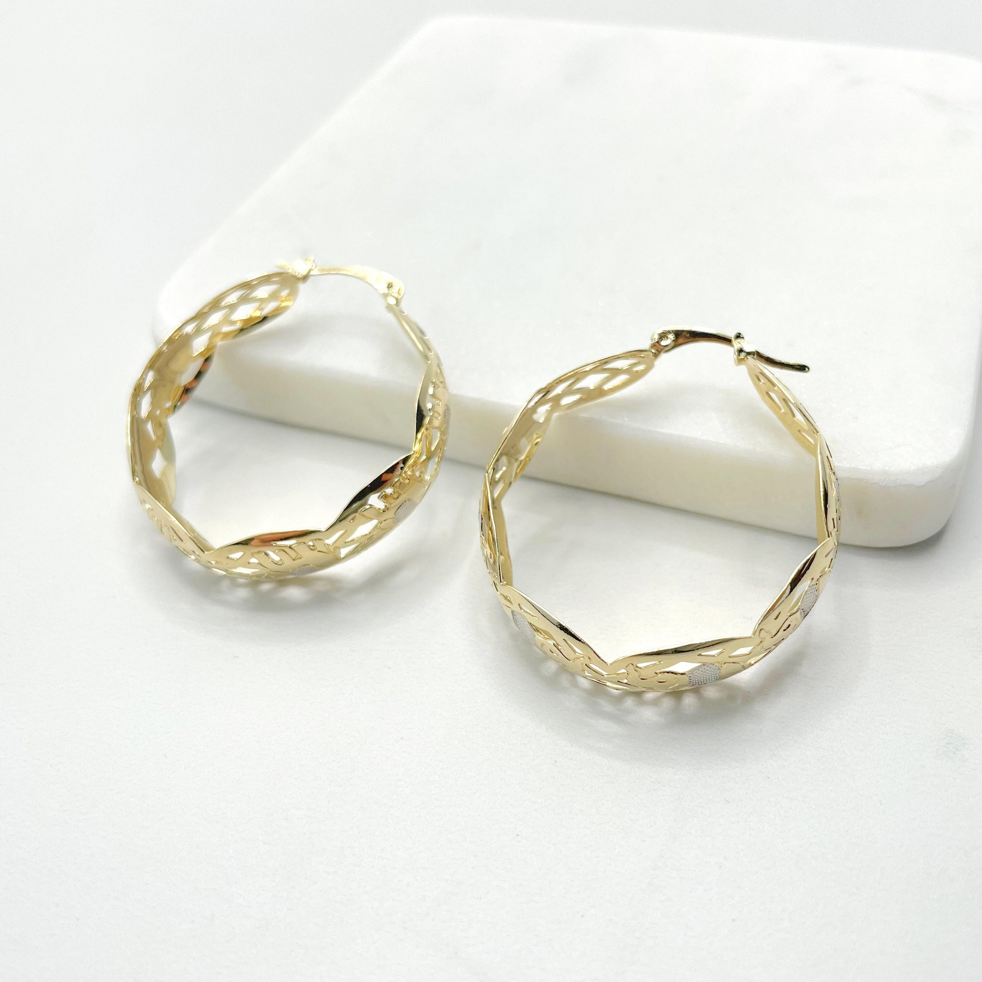 18k Gold Filled Two Tone Filigree Elephants 38mm Hoop Earrings Wholesale Jewelry Making Supplies