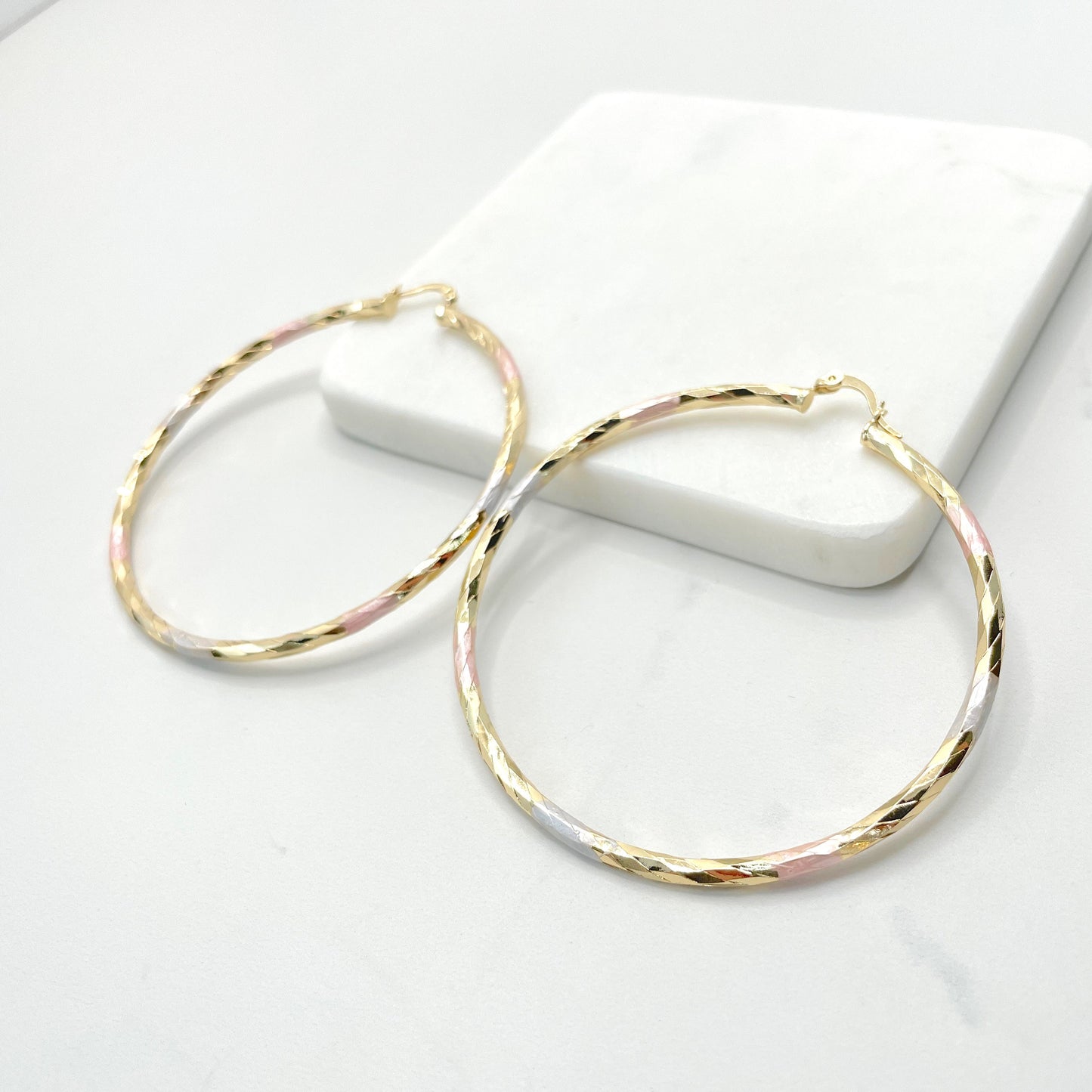 18k Gold Filled Three Tone 60mm or 70mm Hoops Earrings, 3mm Thickness Wholesale Jewelry Making Supplies