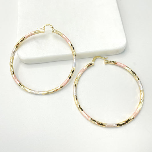 18k Gold Filled Three Tone 60mm or 70mm Hoops Earrings, 3mm Thickness Wholesale Jewelry Making Supplies