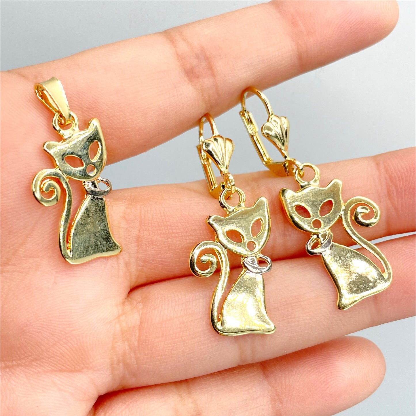 18k Gold Filled Cutie Charming Stylized Cat Shape Design Earrings and Pendant Set, Wholesale Jewelry Making Supplies