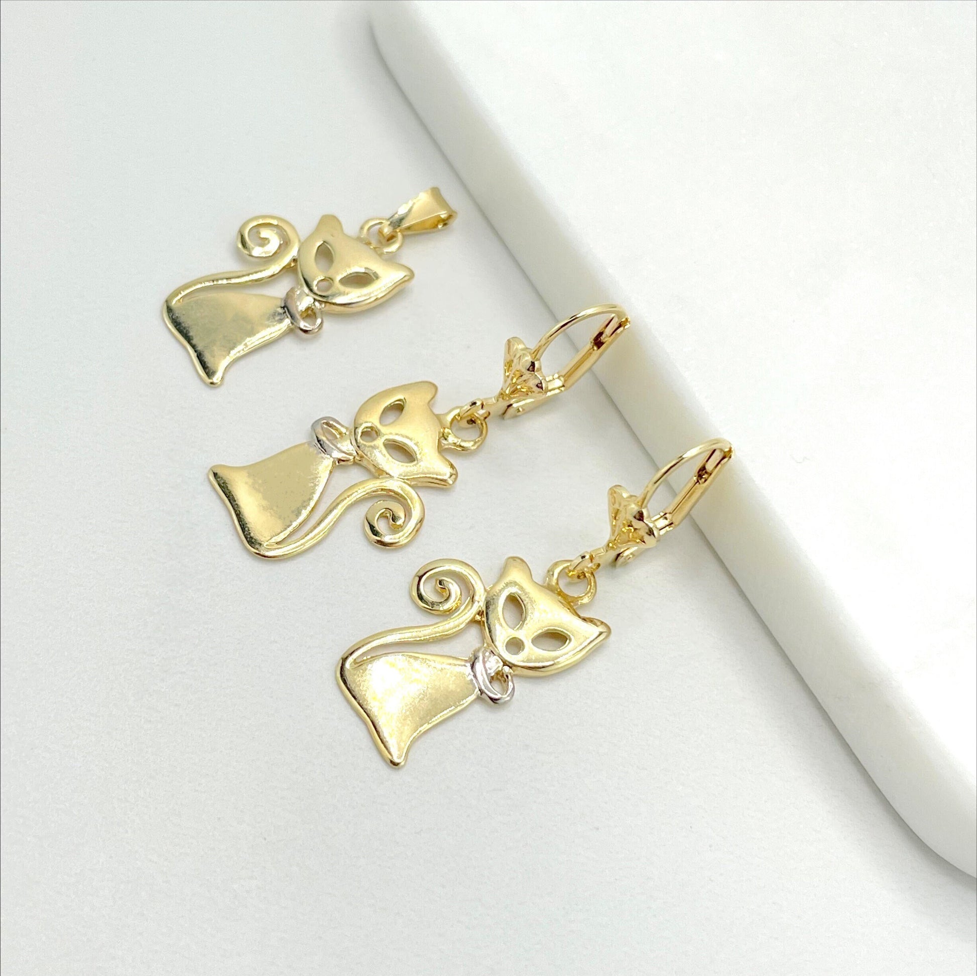 18k Gold Filled Cutie Charming Stylized Cat Shape Design Earrings and Pendant Set, Wholesale Jewelry Making Supplies