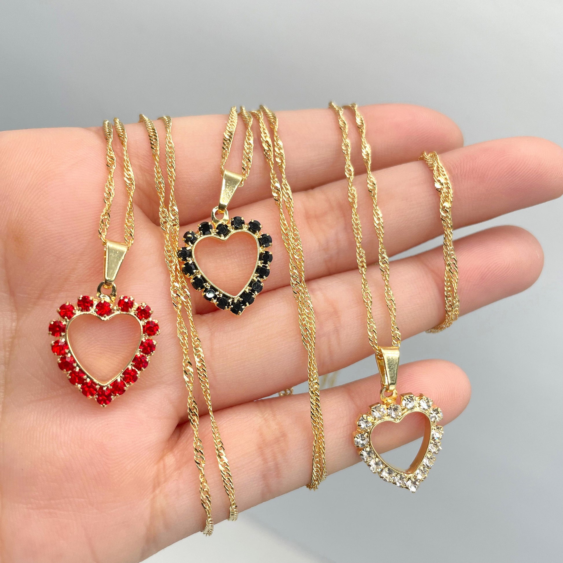 18k Gold Filled 1mm Singapore Necklace with Cubic Zirconia White, Red or Black Heart Charms, Necklace & Earrings Set Wholesale Jewelry