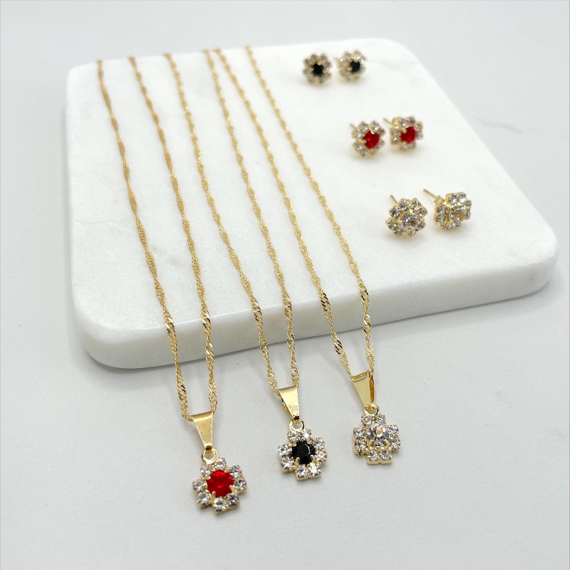 18k Gold Filled 1mm Singapore Chain with Cubic Zirconia White, Red or Black Flower Shape Charms, Necklace & Earrings Set Wholesale Jewelry