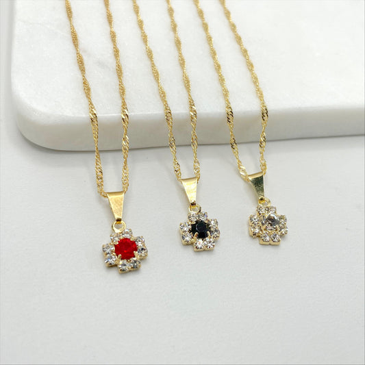 18k Gold Filled 1mm Singapore Chain with Cubic Zirconia White, Red or Black Flower Shape Charms, Necklace & Earrings Set Wholesale Jewelry