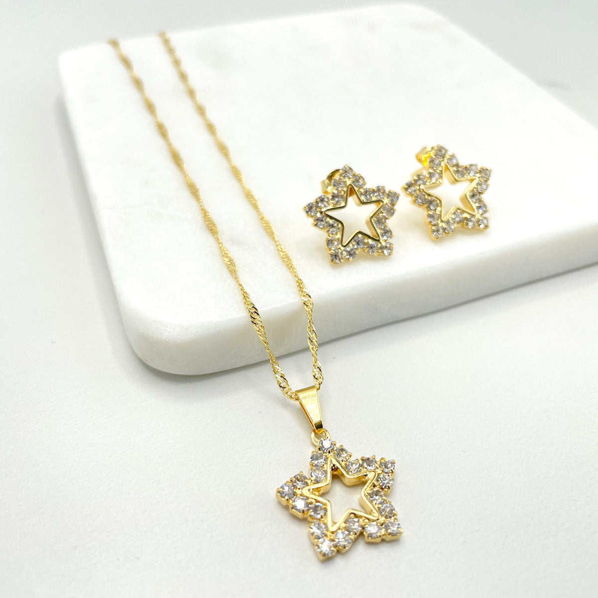 18k Gold Filled 1mm Singapore Necklace with Cubic Zirconia Star Charms, Necklace and Earrings Set Wholesale Jewelry Making Supplies