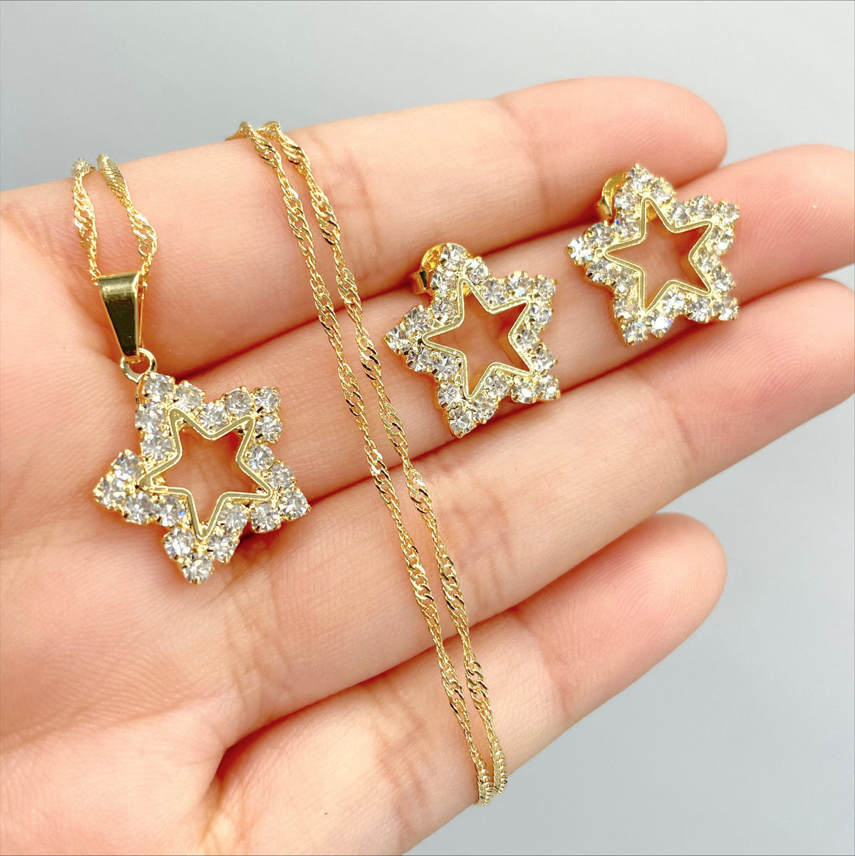 18k Gold Filled 1mm Singapore Necklace with Cubic Zirconia Star Charms, Necklace and Earrings Set Wholesale Jewelry Making Supplies