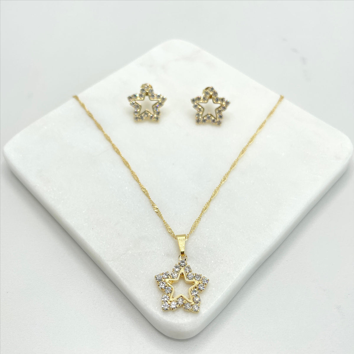 18k Gold Filled 1mm Singapore Necklace with Cubic Zirconia Star Charms, Necklace and Earrings Set Wholesale Jewelry Making Supplies