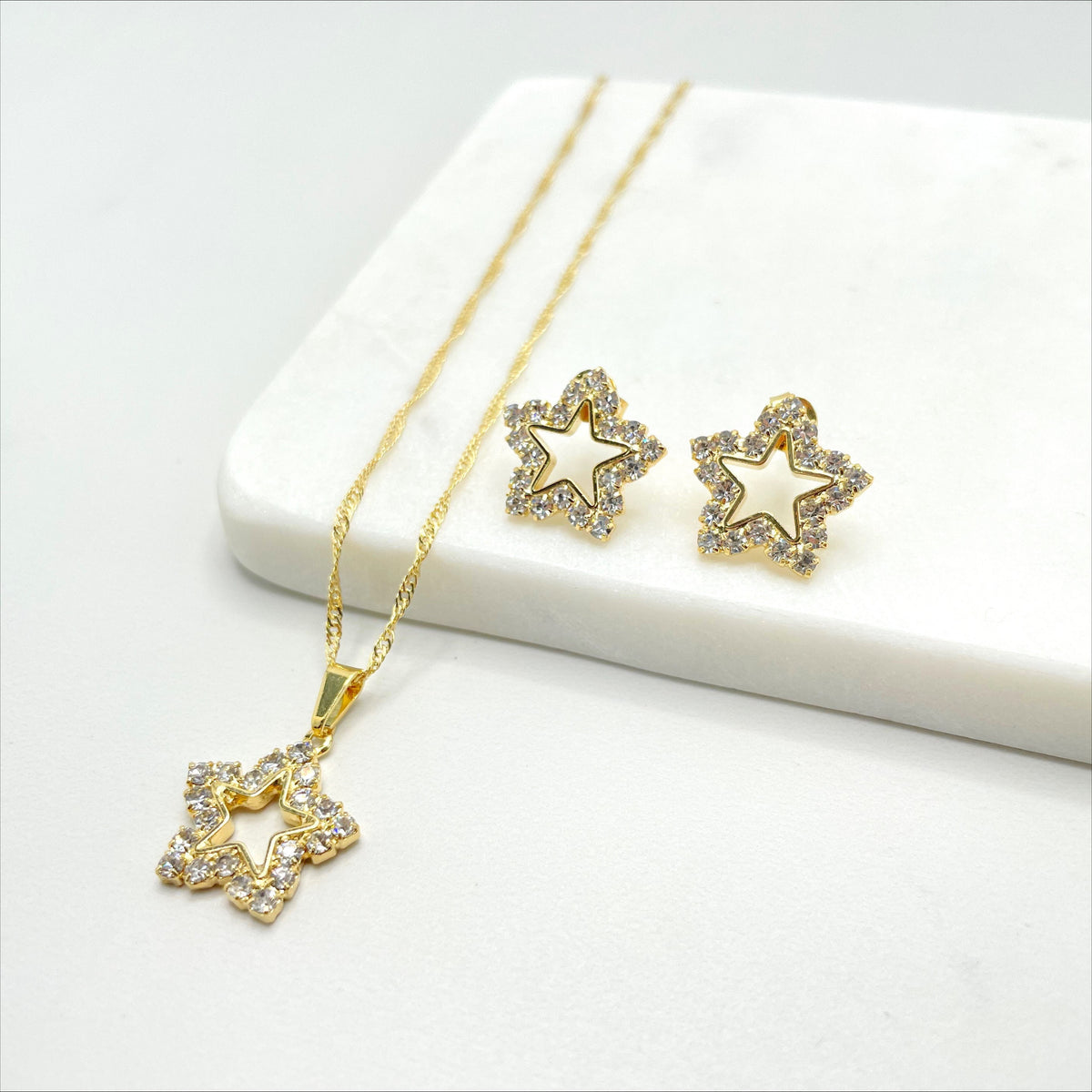 18k Gold Filled 1mm Singapore Necklace with Cubic Zirconia Star Charms, Necklace and Earrings Set Wholesale Jewelry Making Supplies