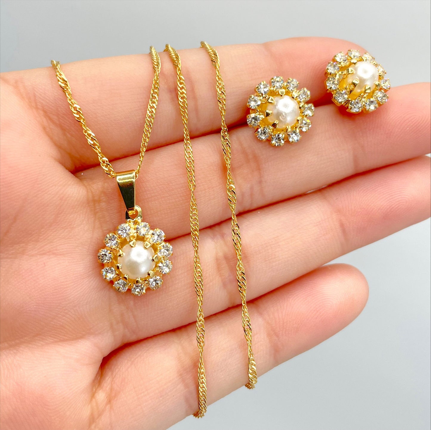 18k Gold Filled 1mm Singapure Chain with Cubic Zirconia Details & Simulated Pearl Flower Shape Charms Set, Wholesale Jewelry Making Supplies