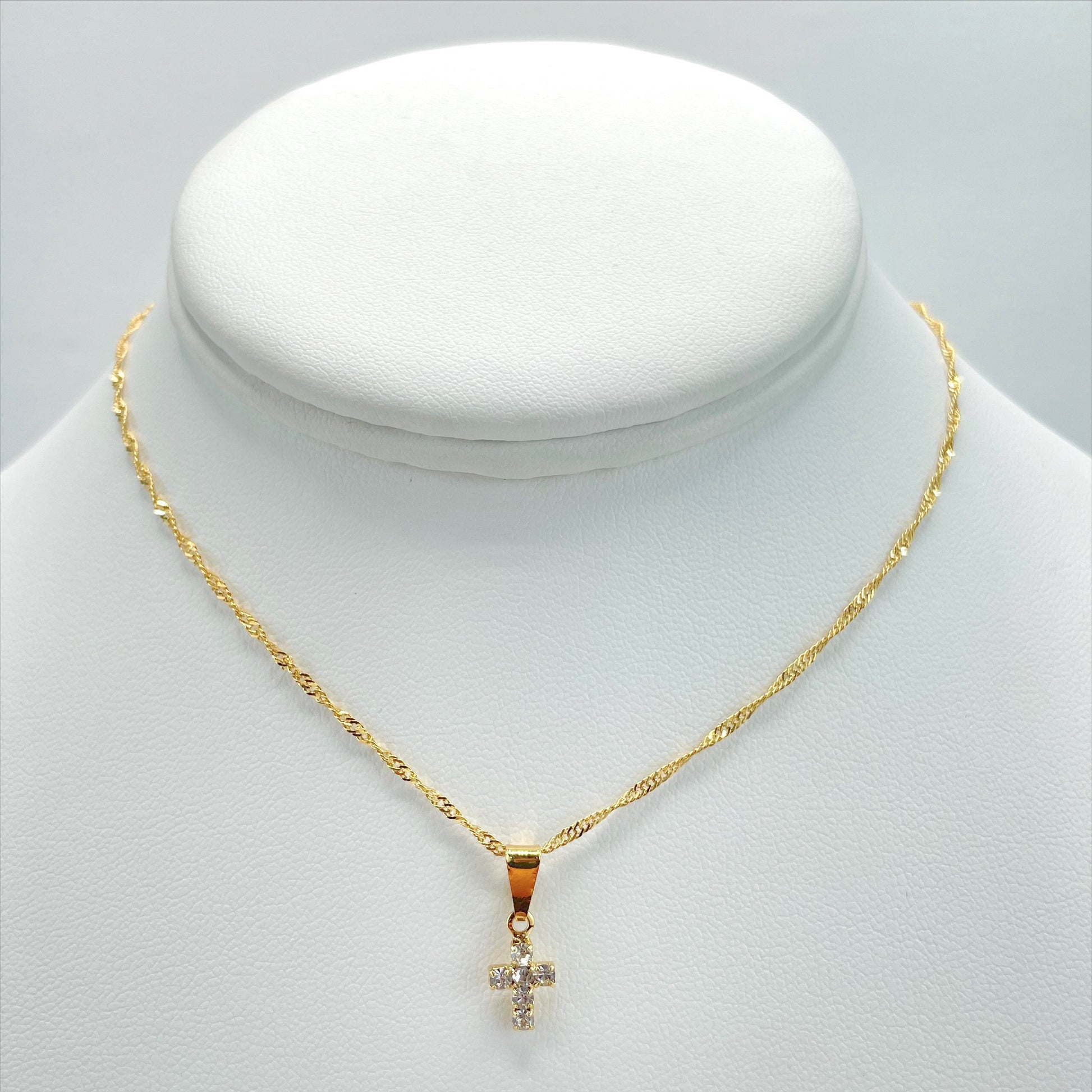 18k Gold Filled 1mm Singapore Necklace with Cubic Zirconia Cross Charms, Necklace and Earrings Set, Wholesale Jewelry Making Supplies