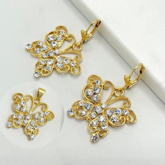 18k Gold Filled Clear Cubic Zirconia Cutout Butterflies Pendant and Earrings Set, Wholesale Jewelry Making Supplies