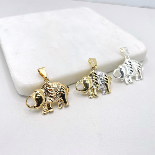 18k Gold Filled Texturized Indian Elephant Shape Pendant Charms, Gold, Two Tone or Silver, Lucky Pendant, Wholesale Jewelry Making Supplies