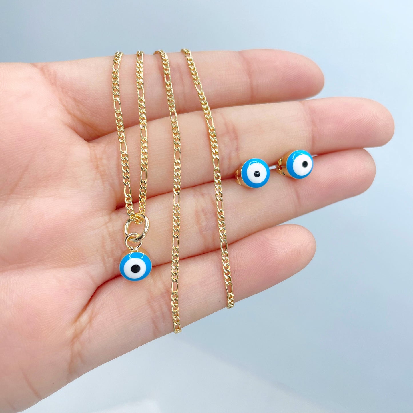 18k Gold Filled 1mm Figaro Link Dainty Chain, Light Blue Evil Eyes Earrings or Charm, Small or Medium, Wholesale Jewelry Making Supplies