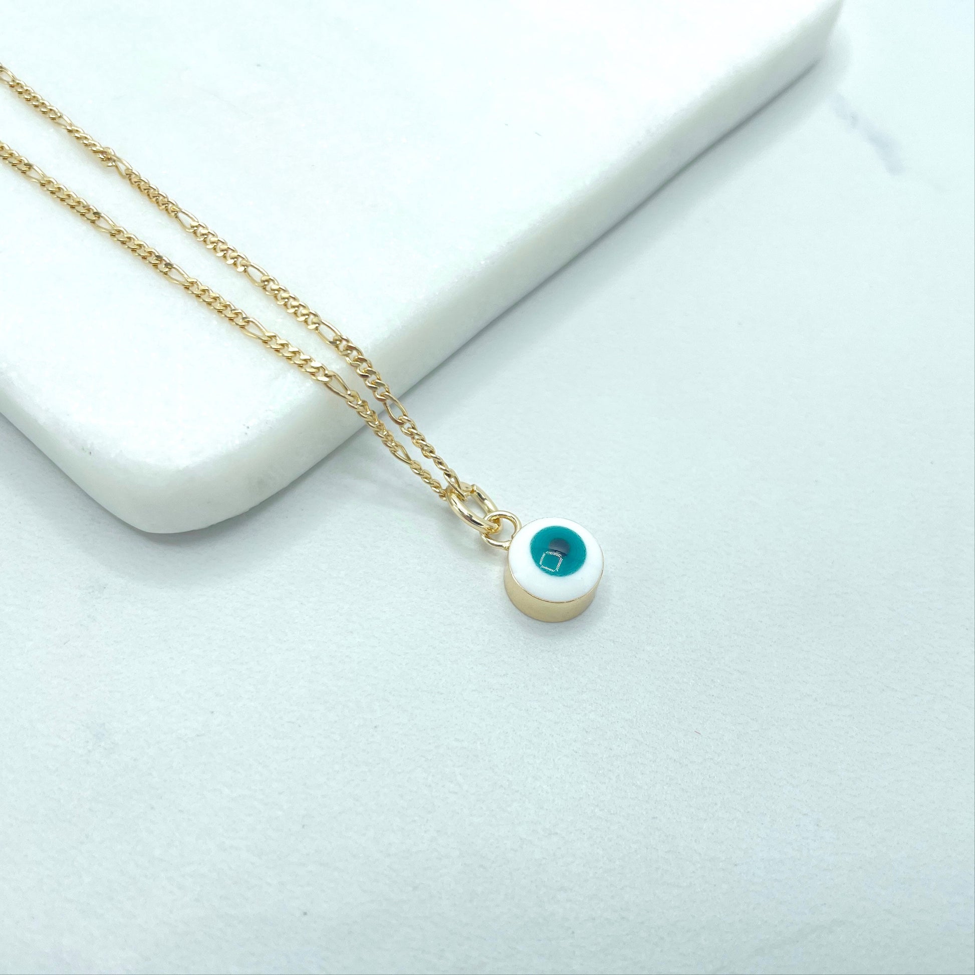 18k Gold Filled 1mm Figaro Link Dainty Chain, White & Teal Greek Evil Eyes Earrings or Charm, Small or Medium, Wholesale Jewelry Supplies