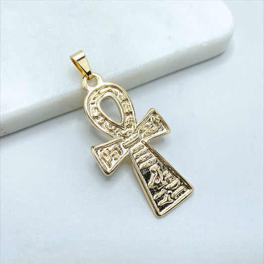 18k Gold Filled Texturized Helloice Egyptian Talisman Ankh Cross with hieroglyphs Charms Pendant, Wholesale Jewelry Making Supplies