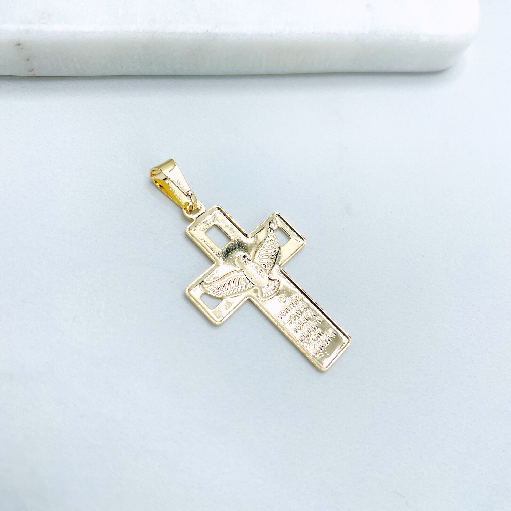 18k Gold Filled Cross Charms Pendant with Dove & Portuguese Bible 23 Psalm Description, Wholesale Jewelry Making Supplies