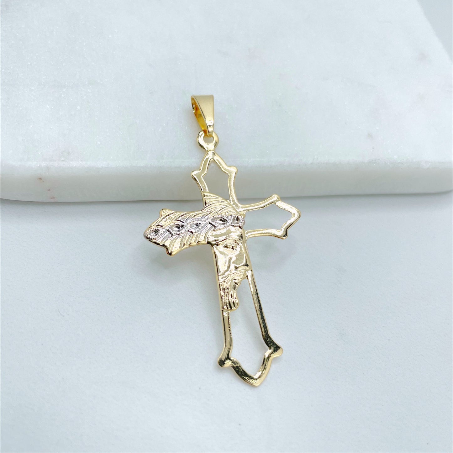 18k Gold Filled Two Tone Cross with Jesus Face Charms Pendants, Catholic Religious Holy Cross, Wholesale Jewelry Making Supplies