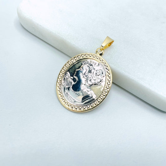 18k Gold Filled Lady Cameo in Two Tone, Vintage Royal Victorian Cameo, Charm Pendant, Wholesale Jewelry Making Supplies