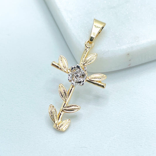 18k Gold Filled Two Tone Cross Shape with Flower, Leaves & Branches Charms Pendant, Wholesale Jewelry Making Supplies