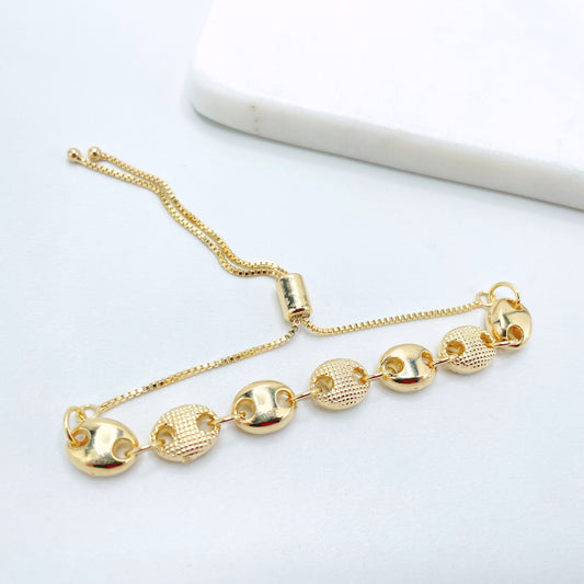 18k Gold Filled 1mm Box Chain with Puffy Mariner Style Charms, Plain and Texturized, Adjustable Bracelet, Wholesale Jewelry Making Supplies