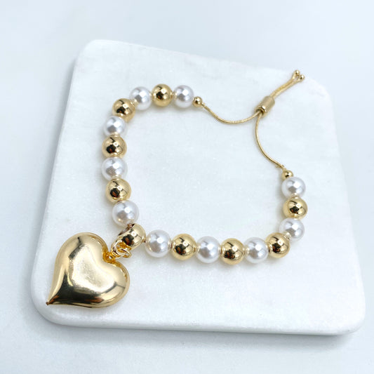 18k Gold Filled 1mm Box Chain with Gold Beads & Simulated Pearls, Heart Charm, Adjustable Beaded Bracelet, Wholesale Jewelry Making Supplies