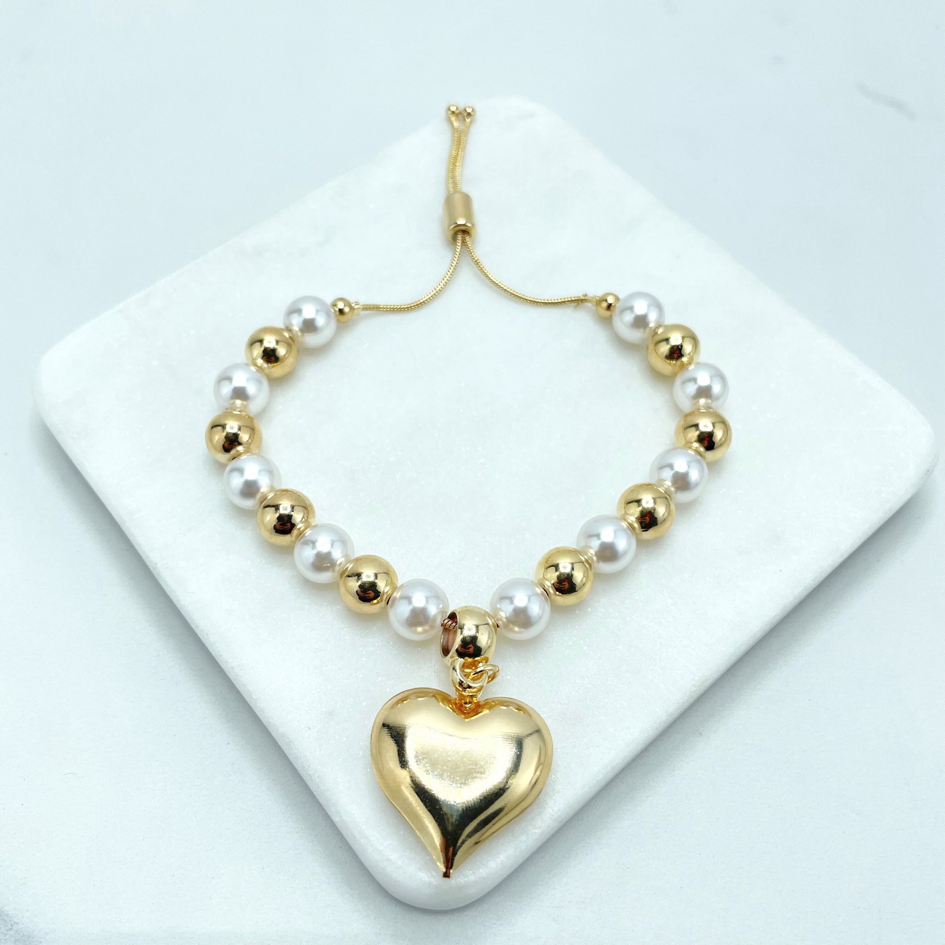 18k Gold Filled 1mm Box Chain with Gold Beads & Simulated Pearls, Heart Charm, Adjustable Beaded Bracelet, Wholesale Jewelry Making Supplies