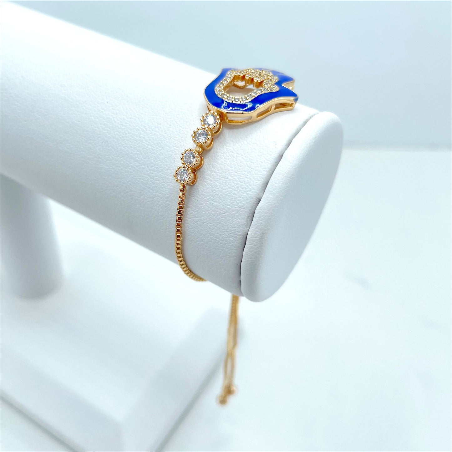 18k Gold Filled 1mm Box Chain, Blue Enamel & Cubic Zirconia Hamsa Hand Charm, Adjustable Bracelet, Wholesale Jewelry Making Supplies