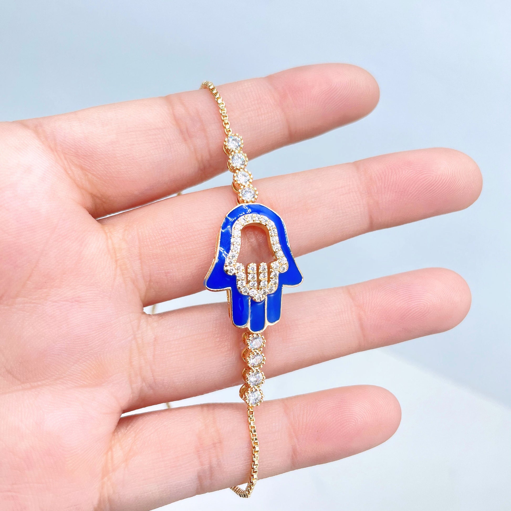 18k Gold Filled 1mm Box Chain, Blue Enamel & Cubic Zirconia Hamsa Hand Charm, Adjustable Bracelet, Wholesale Jewelry Making Supplies