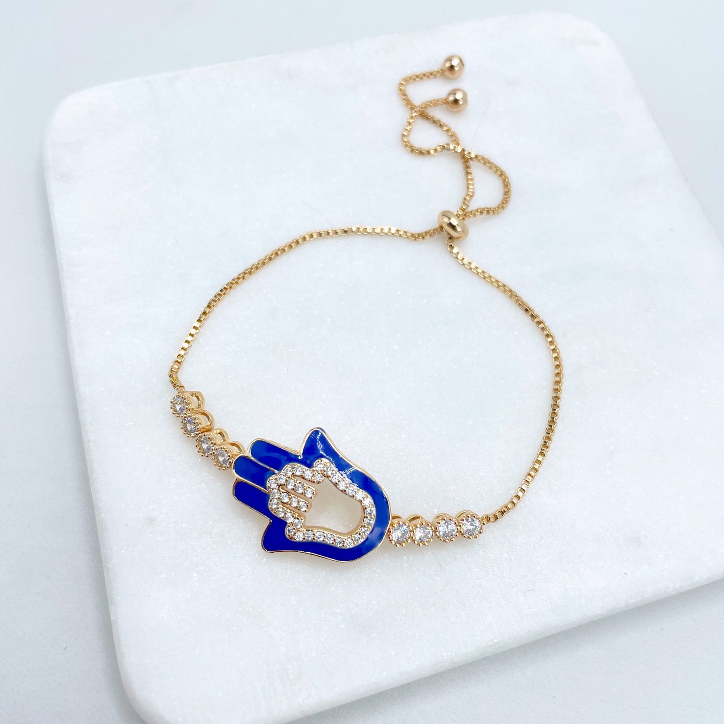 18k Gold Filled 1mm Box Chain, Blue Enamel & Cubic Zirconia Hamsa Hand Charm, Adjustable Bracelet, Wholesale Jewelry Making Supplies