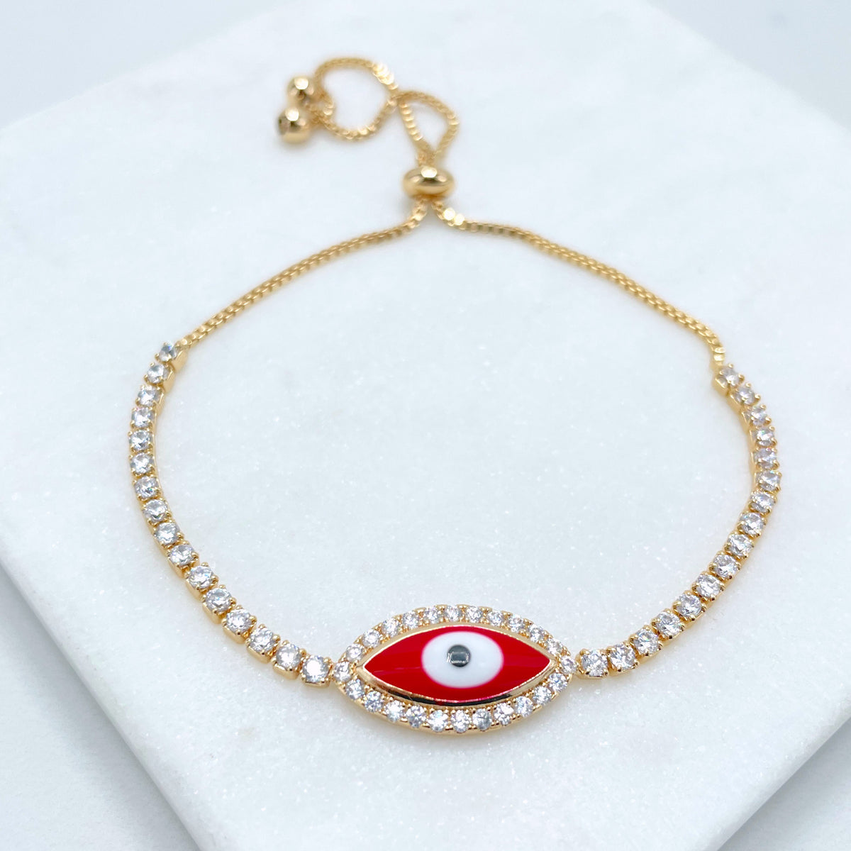 18k Gold Filled 1mm Box Chain, Red Enamel & Cubic Zirconia Evil Eye Shape Charm, Adjustable Bracelet, Wholesale Jewelry Making Supplies