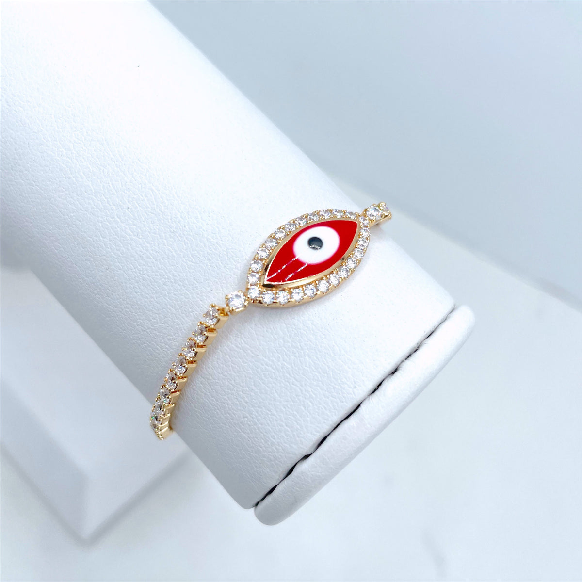 18k Gold Filled 1mm Box Chain, Red Enamel & Cubic Zirconia Evil Eye Shape Charm, Adjustable Bracelet, Wholesale Jewelry Making Supplies