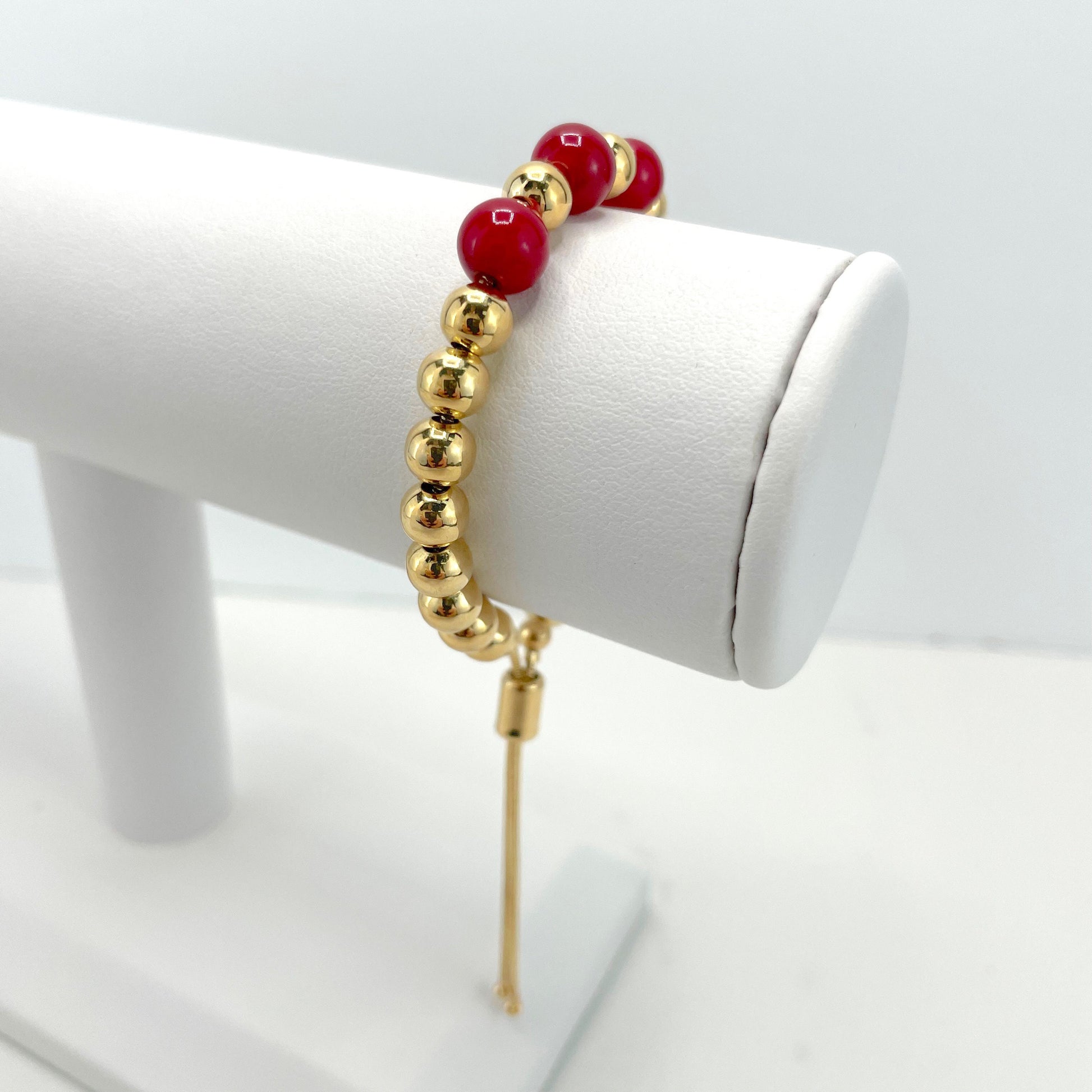 18k Gold Filled 1mm Box Chain Bracelet Adjustable Slide Clasp Featuring Red Ball, Wholesale Jewelry Making Supplies