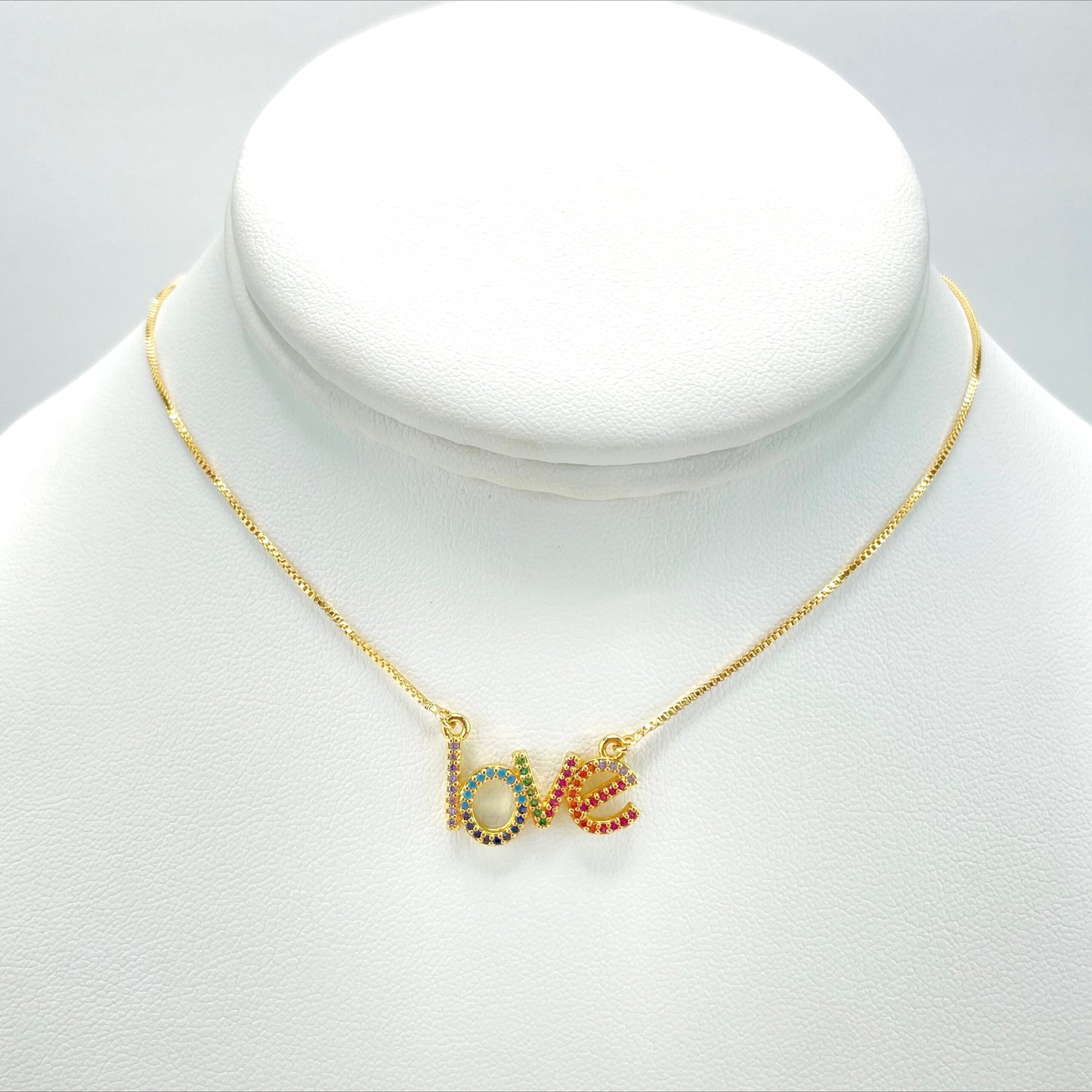 18k Gold Filled 1mm Box Chain Necklace with Colored Micro Cubic Zirconia "LOVE"  Word Letters, Wholesale Jewelry Making Supplies