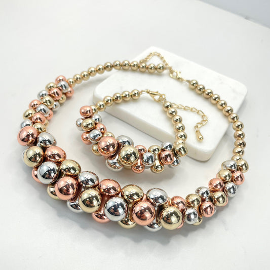 18k Gold Filled Three Tone Balls Set, Necklace, Bracelet, Earrings and Ring, 4 Pieces, Wholesale Jewelry Making Supplies