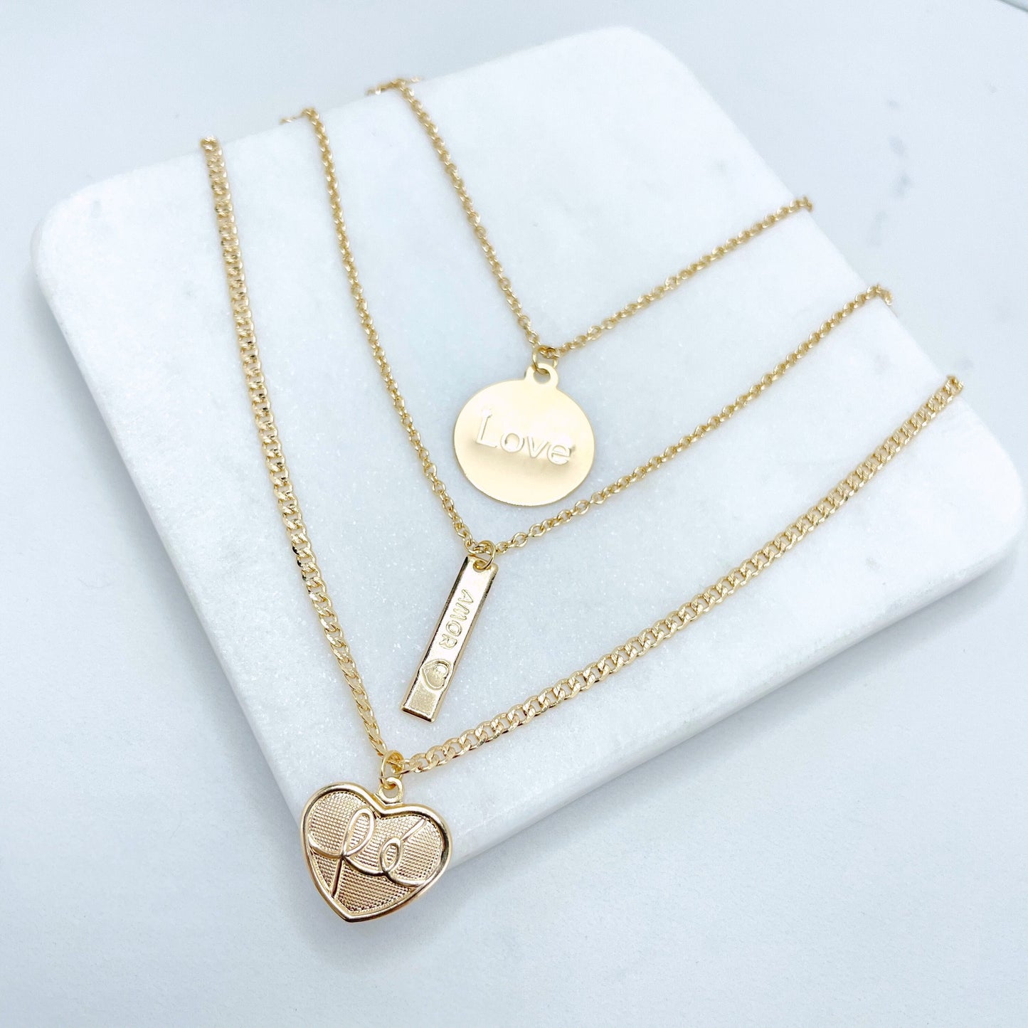 18k Gold Filled 03 Layered Necklace Set, with FÉ (Faith) Heart Shape, AMOR (Love) Board and LOVE Medal Charms, Wholesale Jewelry Supplies