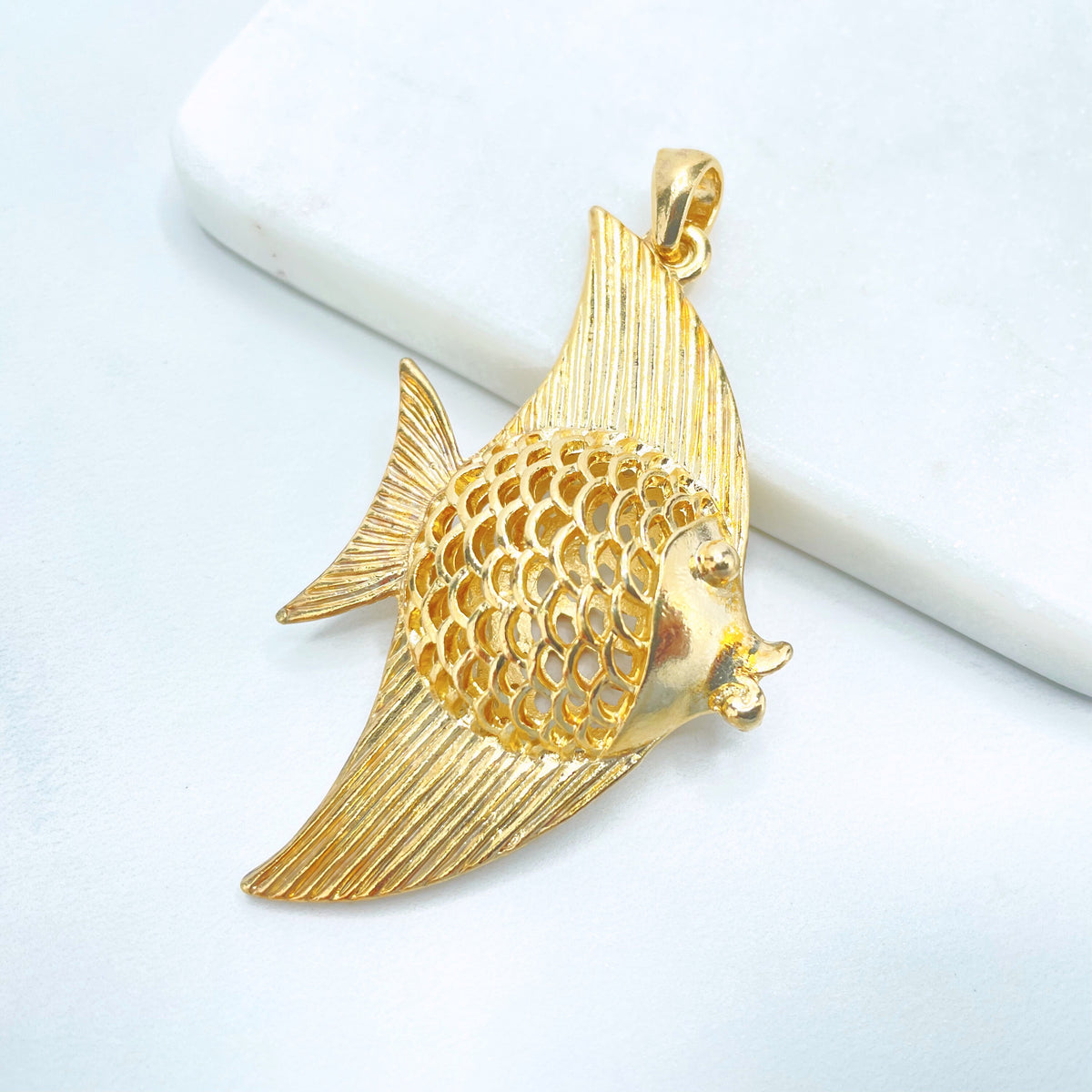 18k Gold Filled Texturized Puffed Angelfish Charm Pendant, Wholesale Jewelry Making Supplies
