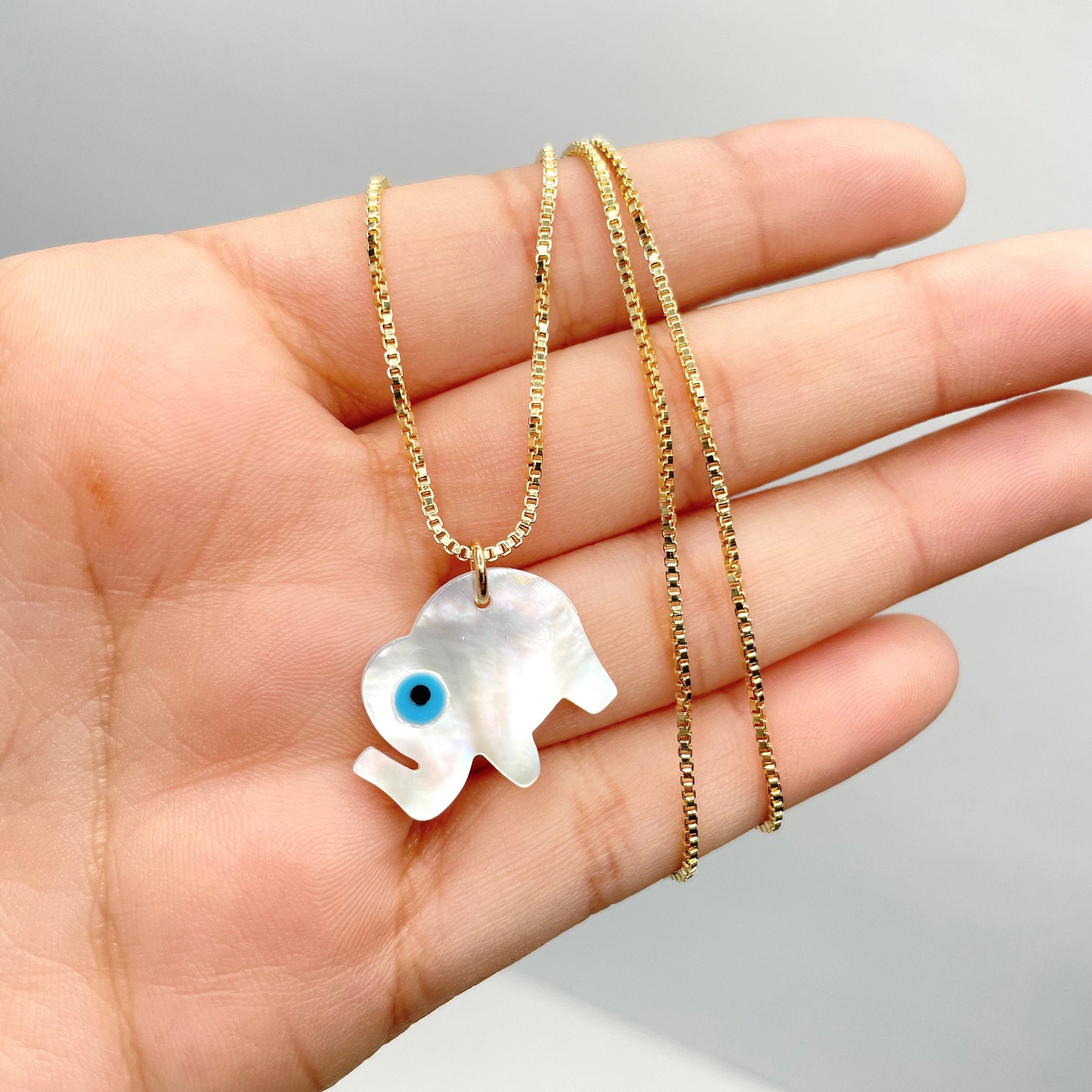 18k Gold Filled 1mm Box Chain Necklace with Elephant Madreperola Pendant and Evil Eye, Wholesale Jewelry Making Supplies