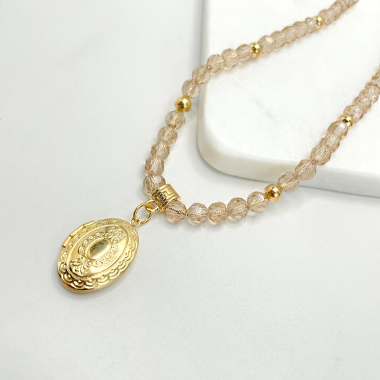 18k Gold Filled 1.4mm Spiral Chain and Clear Beige Beads Necklace with Vintage Photo Locket Pendant, Wholesale Jewelry Making Supplies