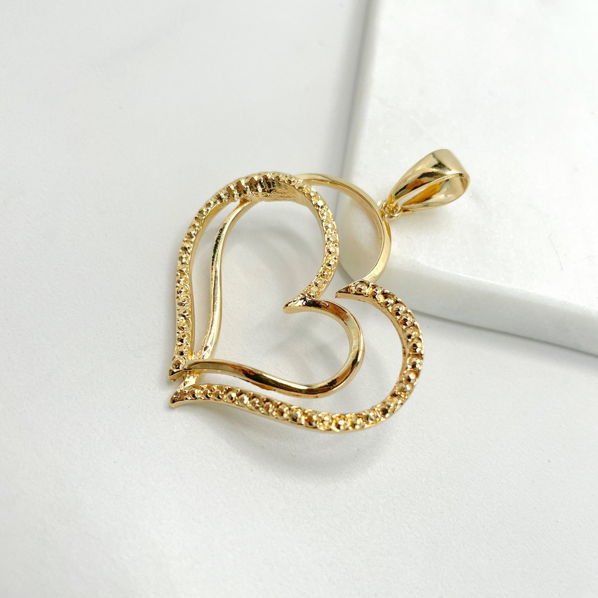 18k Gold Filled Double Hearts, Plain and Texturized, Pendant Charms, Wholesale Jewelry Making Supplies