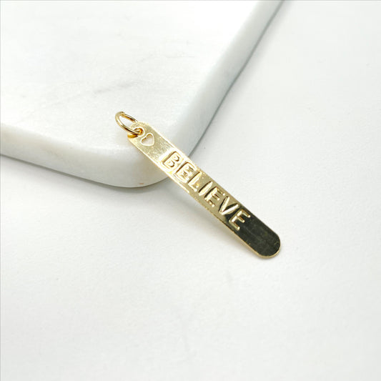 18k Gold Filled "Believe" Description Rectangular Board, Heart Hole Detail, Pendant Charms, Wholesale Jewelry Making Supplies