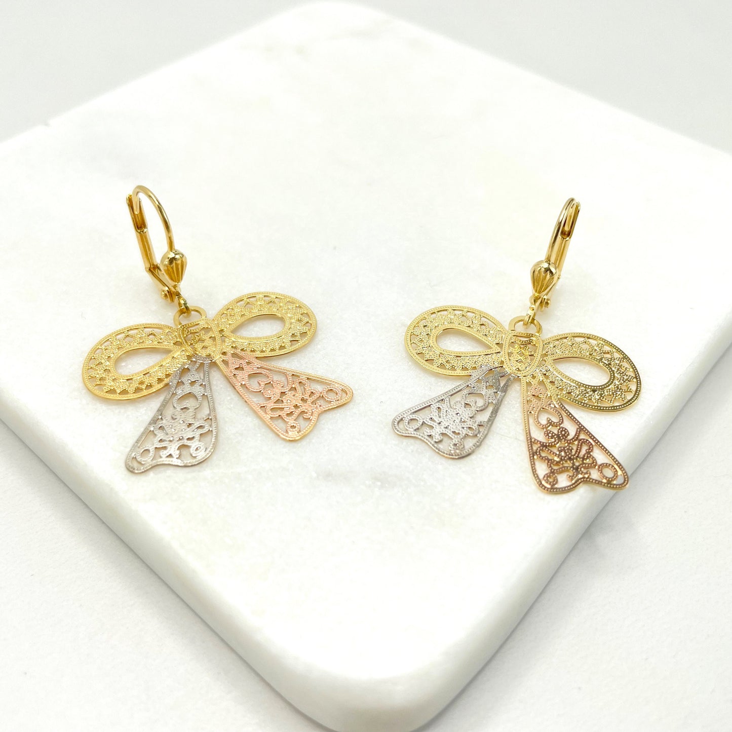 18k Gold Filled Filigree Three Tone Bow Ribbon Shape Earrings, Cutie Vintage Romantic Earrings, Wholesale Jewelry Making Supplies