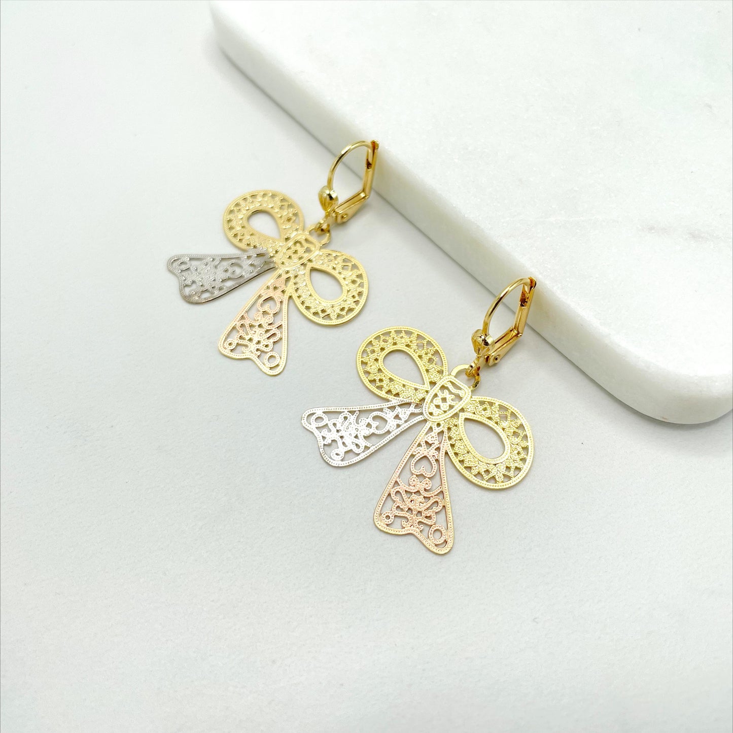 18k Gold Filled Filigree Three Tone Bow Ribbon Shape Earrings, Cutie Vintage Romantic Earrings, Wholesale Jewelry Making Supplies