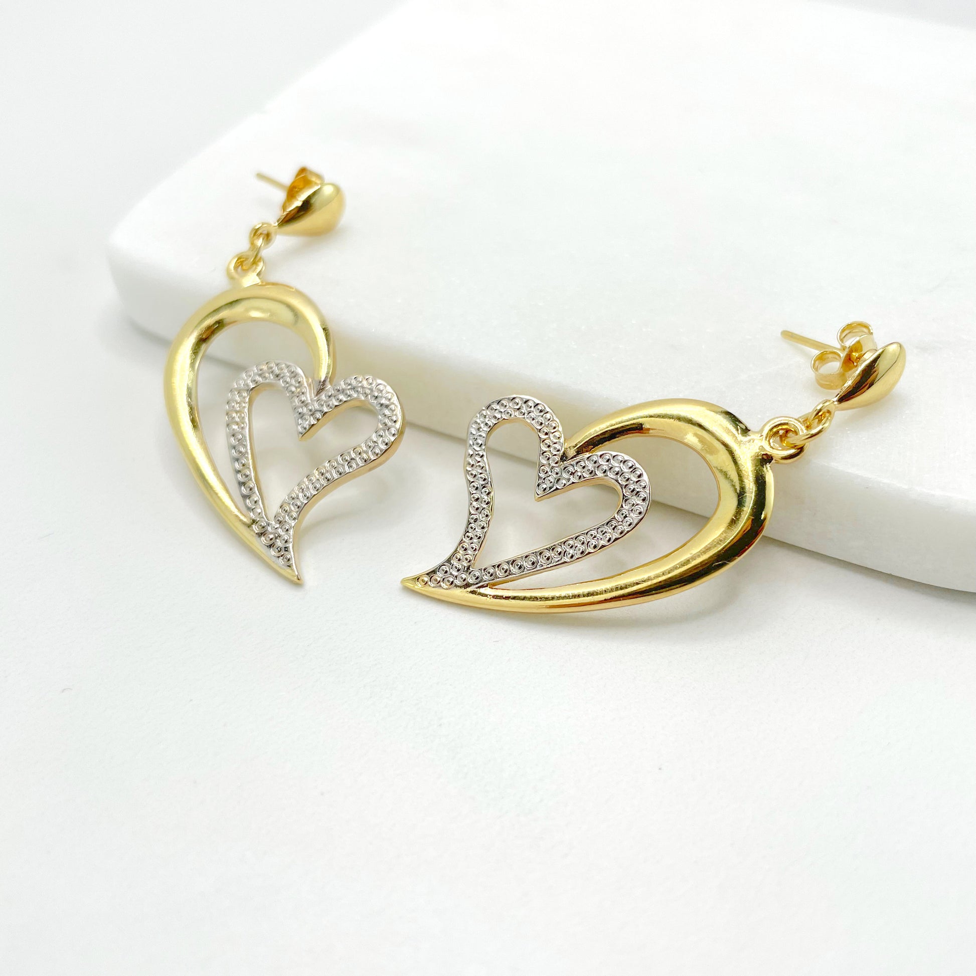 18k Gold Filled Two Tone Double Hearts Shape Design, Plain and Texturized, Drop Dangle Earrings, Wholesale Jewelry Making Supplies