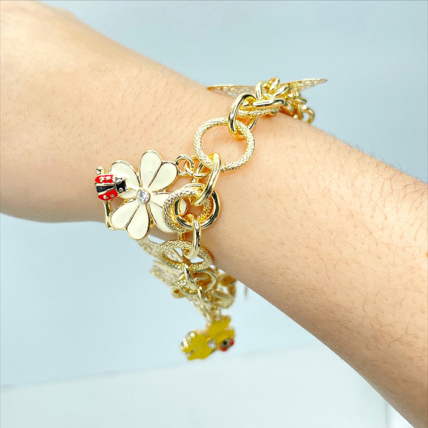 18k Gold Filled Colored Enamel Flowers and Ladybugs Charms, CZ & Butterflies in Texturized Link Bracelet, Wholesale Jewelry Making Supplies