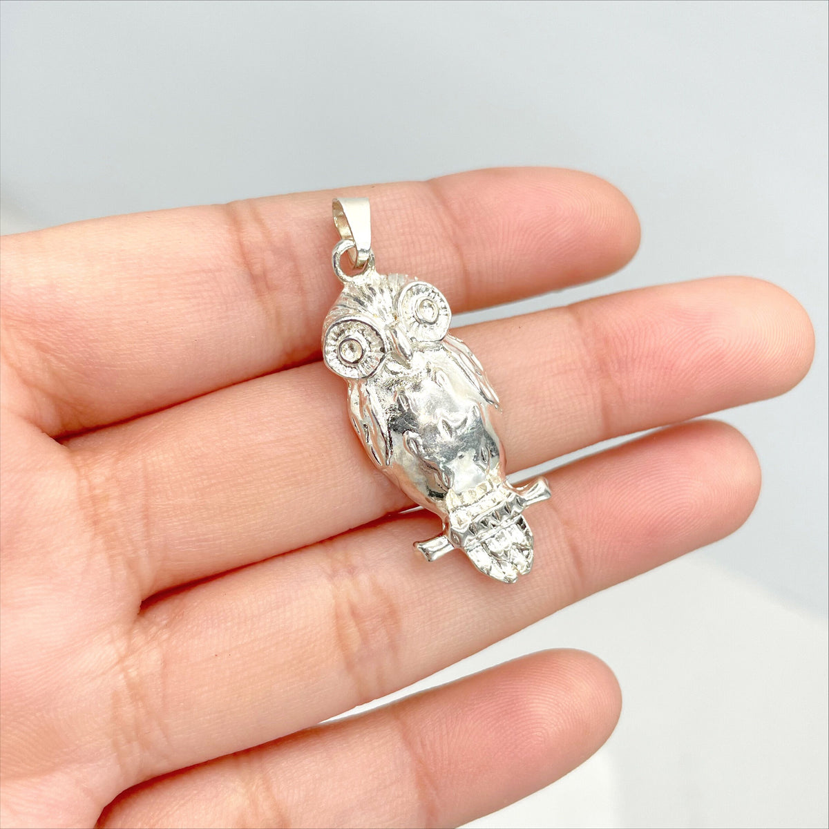 Silver Filled 3D Puffed Owl Pendant Charms, Owl with Feet on Branch, Wholesale Jewelry Making Supplies