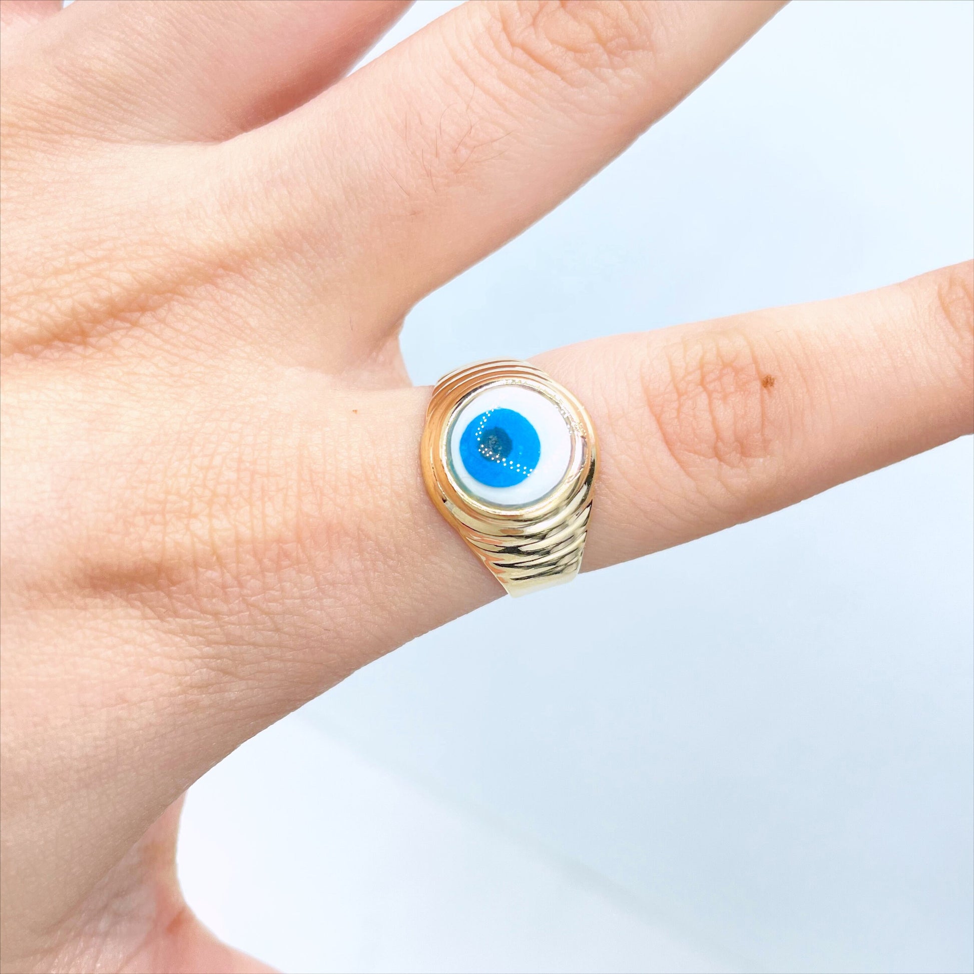 18k Gold Filled Texturized Blue Evil Eye, Greek Eyes Ring, Lucky & Protection Ring, Wholesale Jewelry Making Supplies